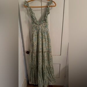Like New Madison Mathews M Lindsey dress green and blue block print maxi dress